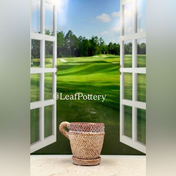 Brown Rattan Mug Stone Planter Pot with Saucer Included - Picture 5 of 10